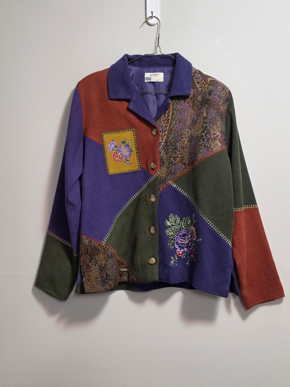 Vintage Koret Multicolor Patchwork Embroidered Blazer  Purple, Olive, Rust